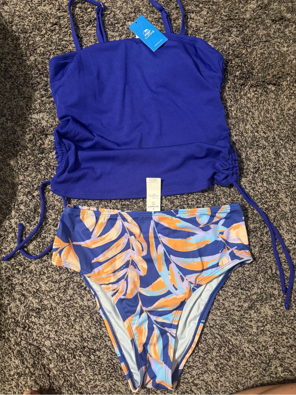 Cupshe Royal Blue Tankini with Orange and Light Blue Leaf Print Bottoms
